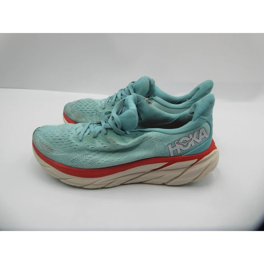 HOKA Clifton 8 Running Shoes Womens Size 10.5 Aqua Red Cushioned 1119394 AEBL‎